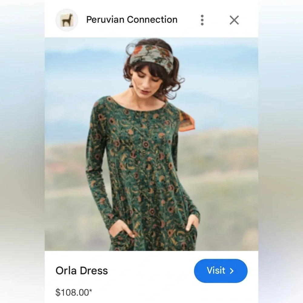 Peruvian Connection Orla Green Floral Pima Cotton Modal Dress Pockets Size XS